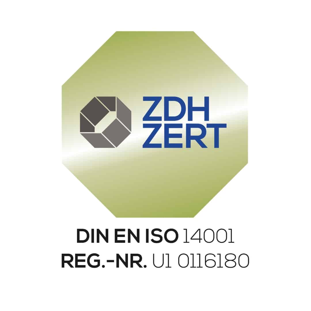 ZDH-ZERT Logo für DIN EN ISO 14001 Zertifizierung – Reg.-Nr. U1 0116180, grün achteckig, Symbol für zertifiziertes Umweltmanagement bei TS SAUBER