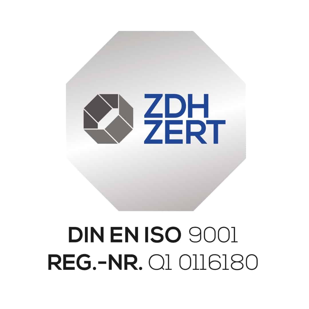 ZDH-ZERT Logo für DIN EN ISO 9001 Zertifizierung – Reg.-Nr. Q1 0116180, silberfarbenes Achteck, Symbol für zertifiziertes Qualitätsmanagement bei TS SAUBER