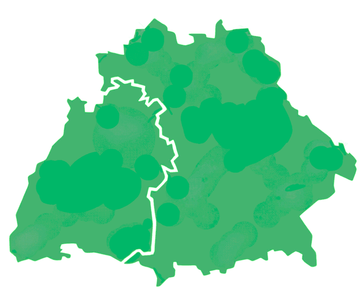 Karte mit Einsatzgebieten von TS SAUBER. Gezeigt wird ein Umriss von Baden-Württemberg und Bayern, wobei Baden-Württemberg mit mehreren blauen Punkten markiert ist. Diese Punkte kennzeichnen die Einsatzorte von TS SAUBER, hauptsächlich in Baden-Württemberg und vereinzelt im angrenzenden Bayern.