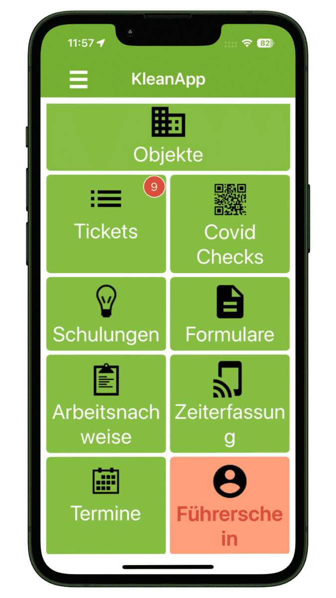 Smartphone mit geöffneter KleanApp – digitale Anwendung für Gebäudereinigung mit Funktionen wie Schulungen, Zeiterfassung, Ticketsystem und Führerscheinkontrolle im Rahmen der Digitalisierung